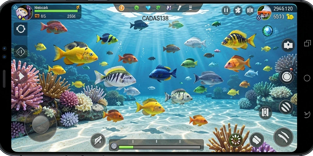 Screenshot utama CADAS138 menampilkan gameplay yang seru dan menegangkan saat menembak ikan.