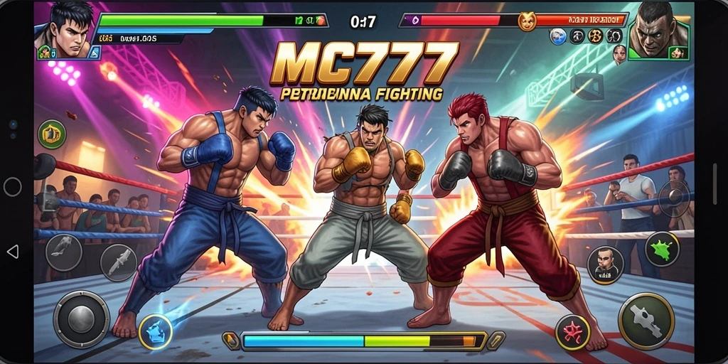 Tangkapan layar gameplay MC777 yang menunjukkan aksi pertarungan yang intens.