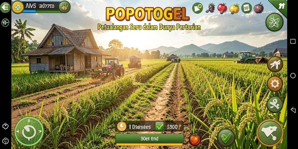 Screenshot gameplay POPOTOGEL menunjukkan lahan pertanian yang subur dan aktif.