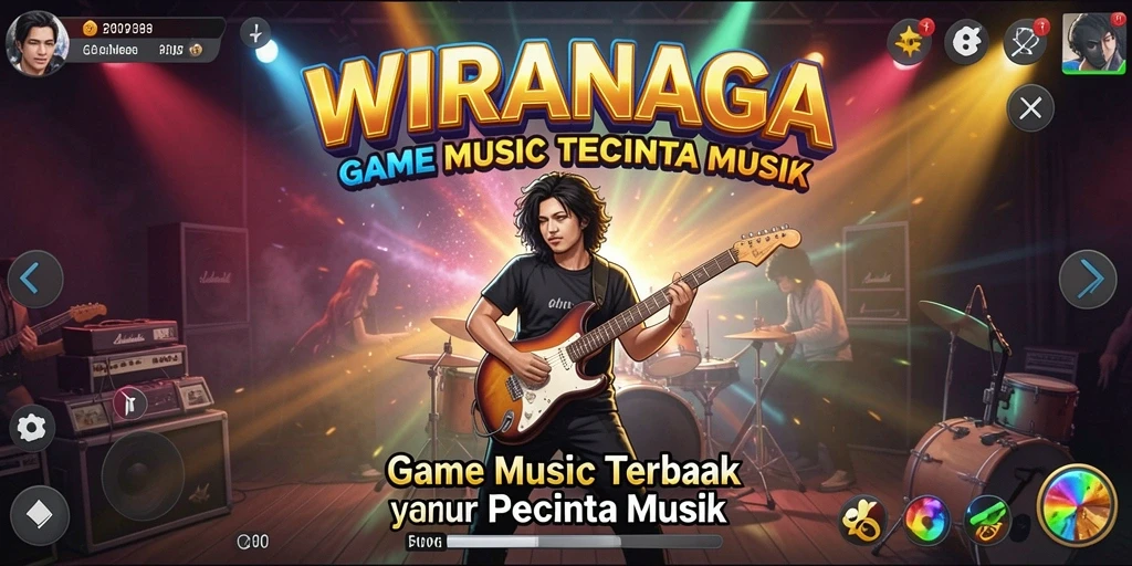 Tangkapan layar permainan <strong>WIRANAGA</strong> yang menunjukkan aksi musik yang menyenangkan.